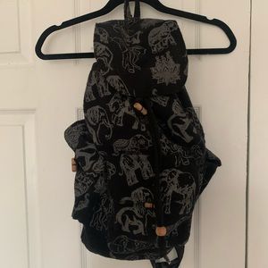 Black Drawstring Backpack With Elephant Print